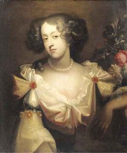 Portrait of Mary of Modena, Duchess of York, quarter-length, in a pink dress with white sleeves, flowers by her side by Simon Pietersz. Verelst