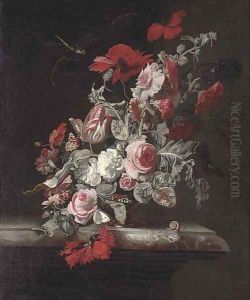 Roses, a parrot tulip, poppies, carnations and other flowers in an urn with a dragonfly by Simon Pietersz. Verelst