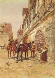 Travellers resting in a village by Wilhelm Velten