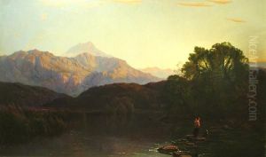 A Mountainous Landscape At Sunset With A Figure By A Rocky Stream