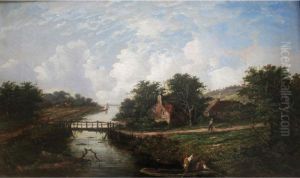 River Landscape With Figures In A Punt Near A Homestead
