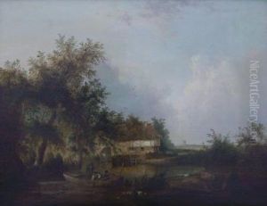 Three Men Fishing In A Boat On A
 Pond, Two Sheep Inforeground, A Woman On Jetty Before A Thatched 
Cottage Inbackground, A Windmill In The Distance