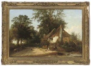 Figures Before A Cottage On A Wooded Lane by Henry John Boddington