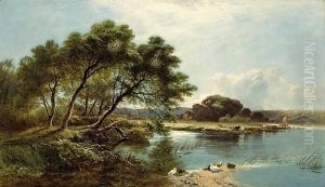 An Extensive River Landscape With Ducks On The Bank In The Foreground An Extensive River Landscape With Ducks On The Bank In The Foreground