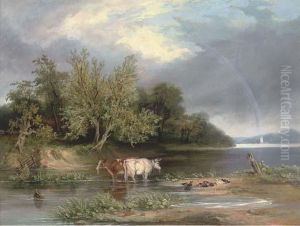 Cattle Watering In A Wooded Landscape by Henry John Boddington