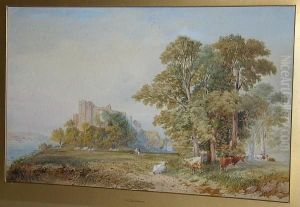 Sheep And Cattle Grazing By Castle Ruins by Henry John Boddington