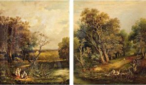 Figures Fishing By A Stream; Children Resting On The Banks Of A Stream Figures Fishing By A Stream; Children Resting On The Banks Of A Stream