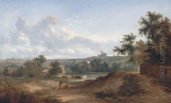 Drovers Resting In An Extensive Landscape, A Windmill Beyond - view 1