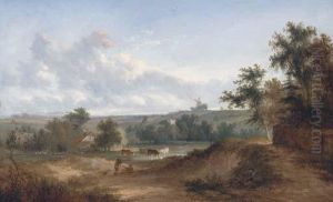 Drovers Resting In An Extensive Landscape, A Windmill Beyond by Henry John Boddington