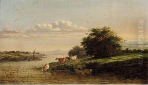 River Landscape With Cattle Watering by Henry John Boddington