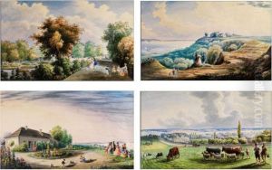 Satz Von Vier Landschaften Mitfigurenstaffage Und Genredarstellungen by Carlo Bossoli