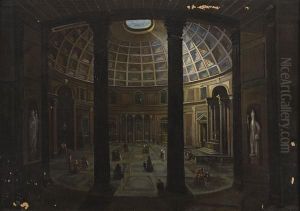 Interno Del Pantheon Con Figure by Carlo Bossoli