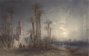 A Moonlit River, Oriental Buildings And Palm Trees, Two Travellersin The Foreground