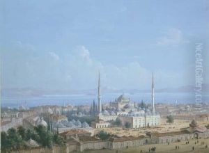 The Sultan Beyazit Ii Mosque 
Complex With A View Of The Golden Horn Beyond, Constantinople by Carlo Bossoli