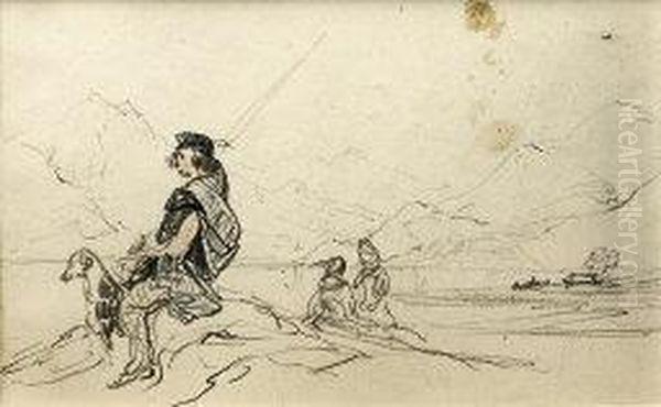 "turisti E Pastore Scozzese Con
Il Suo Cane Ammirano, Da Una Piccola Altura,il Favoloso Paesaggio Lungo
Il Lago Lomond" 1850 - view 1