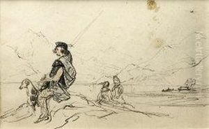 "turisti E Pastore Scozzese Con 
Il Suo Cane Ammirano, Da Una Piccola Altura,il Favoloso Paesaggio Lungo 
Il Lago Lomond" 1850