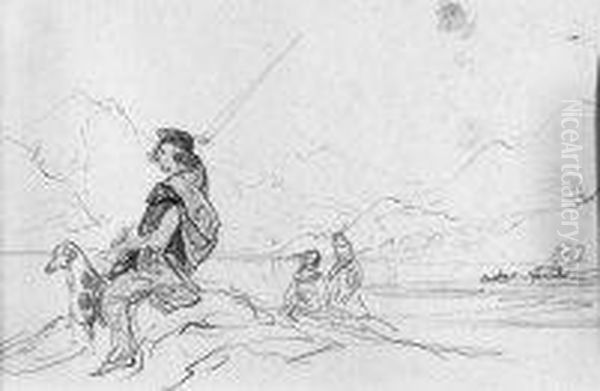 Turisti E Pastore Scozzese Con
Il Suo Cane Ammirano, Da Una Piccola Altura, Il Favoloso Paesaggio Lungo
Il Lago Lomond 1850 - view 1