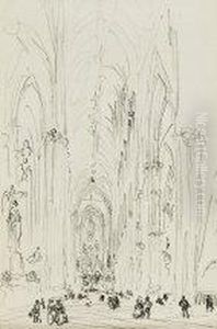 "londra, Interno Della Cattedrale Di Westminster" (sul Retro Cinque Disegni A Matita)