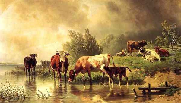 Cattle Watering by Stream under Darkening Skies - view 1