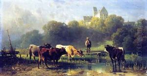 Cattle Watering at a Lake by a Fisherman and His Dog by Friedrich Johann Voltz