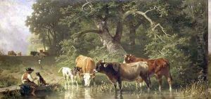 Cattle watering at a woodland pond, 1881 by Friedrich Johann Voltz
