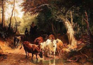 Cattle watering in a wooded landscape by Friedrich Johann Voltz