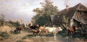 Cattle watering at a pond by Friedrich Johann Voltz