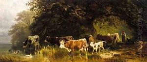 Driving the Herd to Water (Kuhe von einem Madchen zum Wasser Getrieben) by Friedrich Johann Voltz