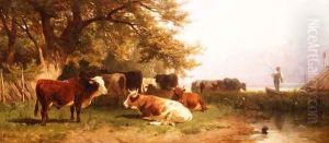 Cattle watering in a landscape by Friedrich Johann Voltz