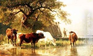 Cattle Watering in a River Landscape by Friedrich Johann Voltz