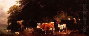 Wooded river landscape with drover and cattle watering by Friedrich Johann Voltz