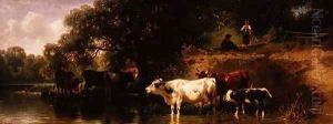 Cattle watering in a wooded landscape 2 by Friedrich Johann Voltz