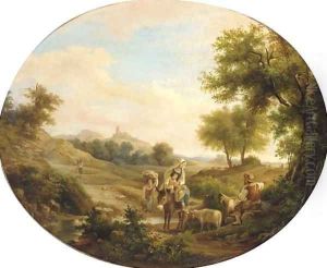 Travellers on the way home from market in an Italianate landscape by Friedrich Johann Voltz