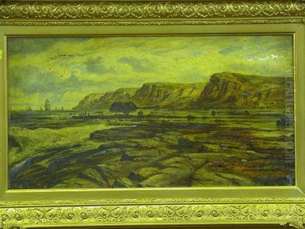 Beach Scene With Figures And Distant Sailing Vessels Under Distinctive Cliffs - view 1