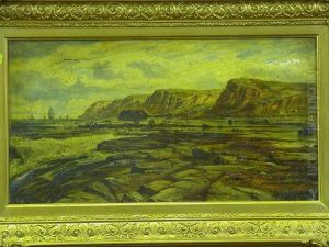 Beach Scene With Figures And Distant Sailing Vessels Under Distinctive Cliffs