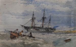 Sailors In A Boat With A Ship Moored Off A Headland