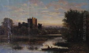 Leeds Castle, Kent England, With Figures In Boat Fishing On A Lake