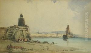 Beach Scene With Boats And Town In Thedistance