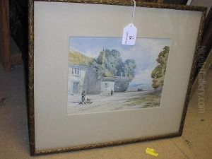 A Village Scene, Figures, Chickens And A Carton A Country Lane By Houses by John Callow