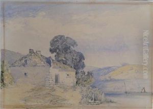 A Fisherman In A Boat Near A Cottage by John Callow