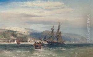 A Ship In A Harbour With Rowing Boats And Yachts, A Coastal Town And Fortress Beyond by John Callow