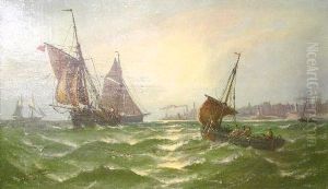 Fishing Boats Hauling In The Catch In A Stiff Breeze Off A Harbour Entrance by John Callow