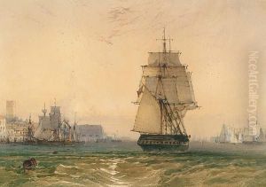 A British Frigate Making Sail Out Of A Mediterranean Port by John Callow