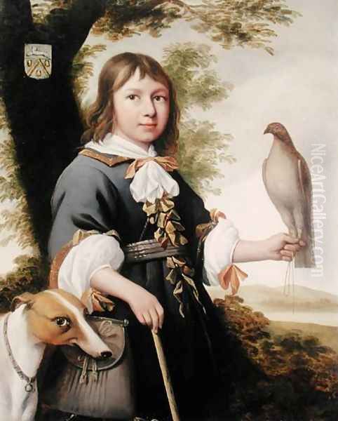 Boy with a falcon and a greyhound - view 1