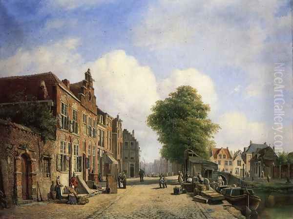 A View in a Town with Townsfolk on a Street along a Canal - view 1