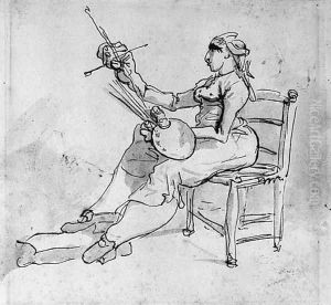 Caricature of Anicet-Charles-Gabriel-Lemonnier, seated, holding a brush and a palette by Francois-Andre Vincent