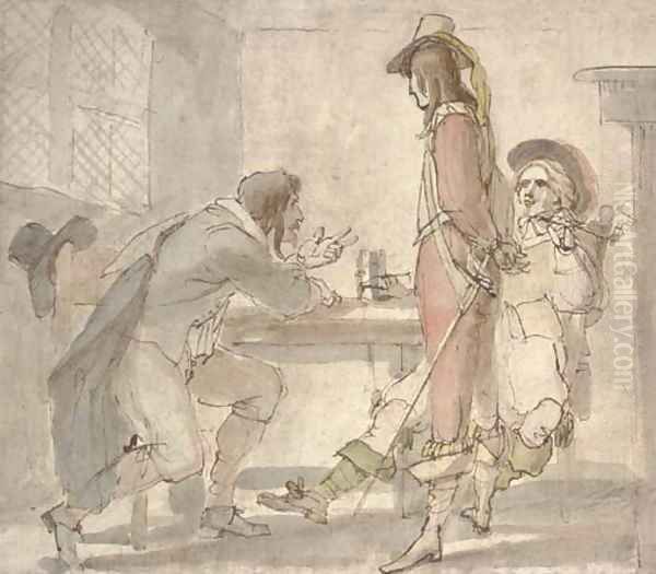 Three men in 17th Century costume in a tavern - view 1