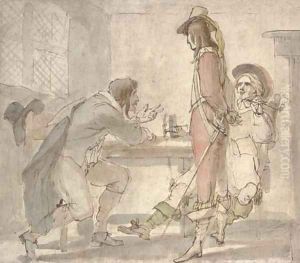 Three men in 17th Century costume in a tavern