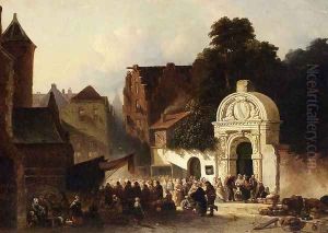 A Busy Market In A Dutch Town by Jacobus Adrianus Vrolijk