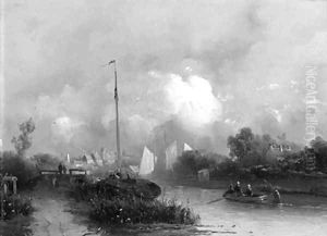 View of a town along a river by Jacobus Adrianus Vrolijk